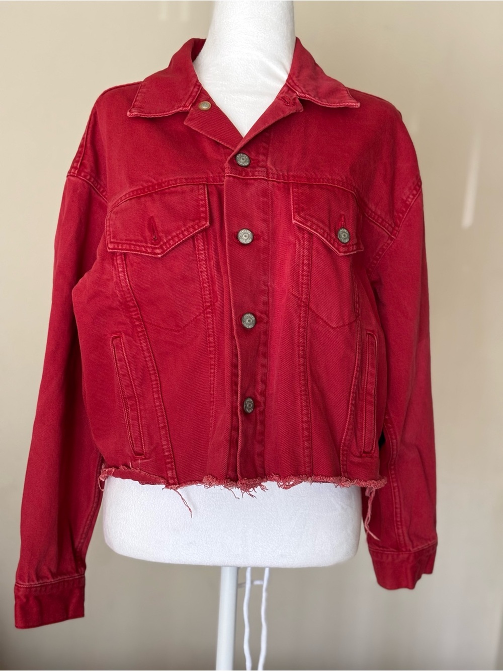 Boyish Red Cropped Button-Front Jean Jacket - Picture 2 of 15